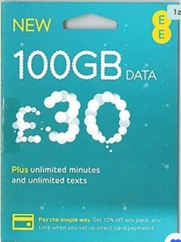 EE UK +44 Starter England SIM Card Prepaid + 4.65 GBP Roaming 100 GB